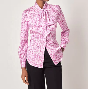 Camisas de Moda para Mujer, Color Rosa, Tejidas, con Estampado Floral, de Gasa, Ecológicas, con Cuello Halter, Cordones, Manga Larga, Cuello con Lazo - Product Image 2