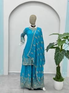 Elegant Look Heavy Embroidery Traditional Pattern Stitched Chinon Silk Pakistani Designer Salwar Kameez Coordinating Dupatta - Product Image 5
