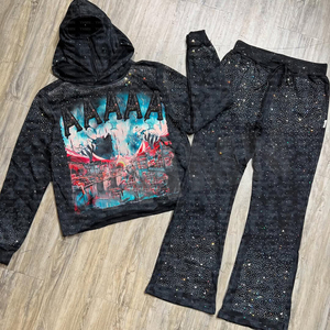 Ensemble streetwear tendance : sweat à capuche en coton délavé et vieilli, pantalon baggy oversize, broderie, impression en relief et strass - Product Image 5