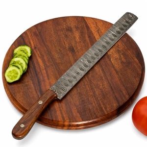 Couteau de cuisine artisanal en acier Damas de qualité industrielle, fabriqué sur mesure par Ahmad Fabric, lame de 15 cm, manche en bois, pointe tombante, étui en cuir. - Product Image 2