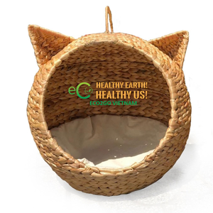 Handmade Woven <b>Cat</b> Cave House – Round Water Hyacinth Pet Nest with Washable Cushion - Product Image 4