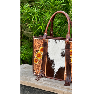 Sac fourre-tout en cuir de vachette marron style western, sac à main floral gravé, sac à bandoulière avec poignée supérieure, grande capacité, fermeture éclair - Product Image 2
