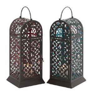 Antique Custom Moroccan <b>Lantern</b> <b>Set</b> 2 Distressed Finish Etched Cutout Pattern Eco-Friendly Durable for Home Wedding Garden Decor - Product Image 1