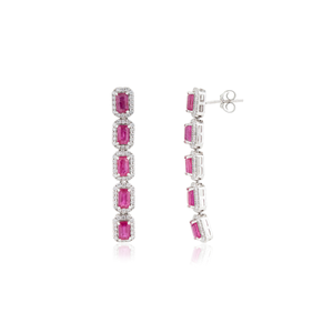 Stunning Luxurious 14K Pure White <b>Gold</b> Real Gemstone Ruby & Diamond Halo Long <b>Dangle</b> <b>Earring</b> For Women Statement Wedding Jewelry - Product Image 3