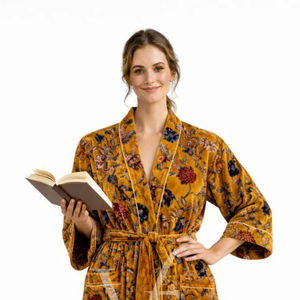 Luxurious Mustard Yellow Floral Velvet Summer Eco-Friendly Full Length Robe Breathable Cozy Bathrobe <b>Housecoat</b> - Product Image 1