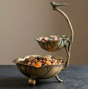 Antique Brass Two-Tier Nut <b>Bowl</b> with Bird Design <b>Metal</b> Leaf Shaped Serving Stand - Product Image 3