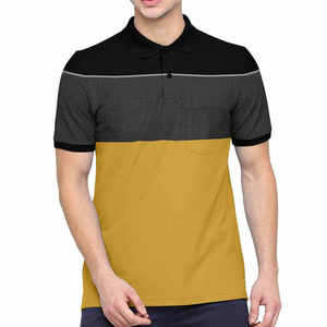 Polo pour homme à blocs de couleur, manches courtes, tricoté, décontracté, avec poche, design uni moutarde, noir, gris, coupe classique - Product Image 1