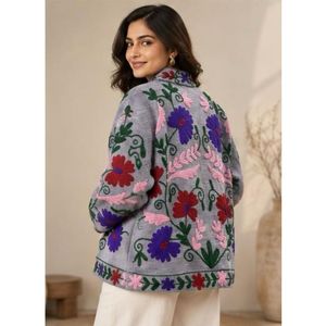 Embroidered Knitted Cotton <b>Jacket</b> Women Mandarin Collar Full Sleeve Floral Pattern Autumn Winter Spring Prairie Chic Style 100% - Product Image 5