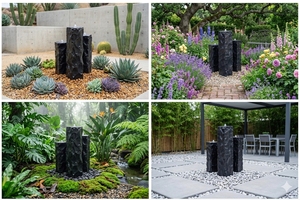 Ensemble de fontaine à colonnes en basalte naturel moderne 3 pièces - Fontaine à eau en pierre naturelle pour la décoration de jardin et de cour - Product Image 4