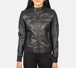 <b>Leather</b> Bomber <b>Jacket</b> Women Men Unisex Black Zipper Closure Solid Color Autumn <b>Winter</b> Wear Regular Fit Slim Style Eco-Friendly - Product Image 1