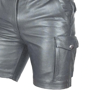 <b>Men's</b> Gray <b>Leather</b> Cargo <b>Shorts</b> Mid-Waist Zipper-Fly Moto Biker Style With Side-Pockets Solid-Color <b>Short</b> Length - Product Image 6