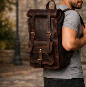 Affordable Price Trending Style Vintage Crazy Horse <b>Leather</b> Waterproof Roll Top <b>Backpack</b> <b>Laptop</b> Bag Travel School Handmade Large - Product Image 1