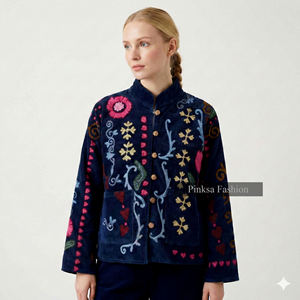 Fait main, esthétique bohème, brodé, velours bleu, coton, séchage rapide, respirant, écologique, luxe pour femme, motif floral, automne - Product Image 6