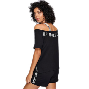 Women's Off-Shoulder Black Letter Print Romper With Drawstring Shorts Asymmetric Design Stretch Polyester One Piece <b>Set</b> - Product Image 3