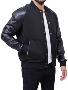 Blousons universitaires pour hommes 2026 en gros – Blousons Letterman personnalisés en mélange de laine noir avec manches en cuir - Product Image 2