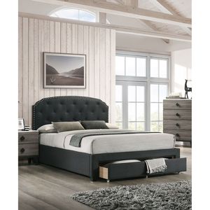 Letto singolo imbottito con testiera capitonné in tessuto di tela color antracite, con contenitore a cassetti e bottoni, 1 pz. - Product Image 1