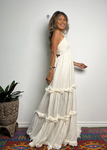 Wholesale Women's Ethereal White Maxi Dress Tiered Ruffle Organic Cotton Eco-Friendly Vintage Bohemian V-Neck Raw Dress Dress - Product Image 2