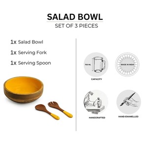 Bol à salade en bois d'acacia fait main, intérieur jaune, ustensiles de service assortis, résistant à la chaleur, design contemporain pour usage domestique - Product Image 4