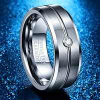 Bague en carbure de tungstène argenté brossé avec rainure et une seule pierre en zircone, alliance de 8 mm pour homme, bijoux classiques en gros