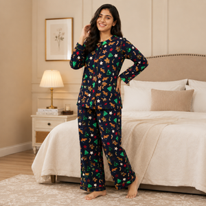 Wholesale Women's Printed Cotton Jersey Pajama <b>Set</b> Digital Printing Neck Elastic Waist Long Sleeves Soft Fabric OEM/ODM Custom - Product Image 1
