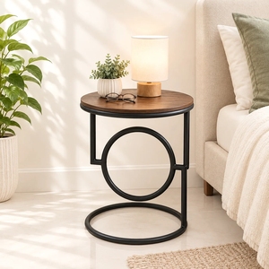Table basse ronde en bois design avec support métallique noir, table d'appoint compacte pour salon et table de balcon - Product Image 2
