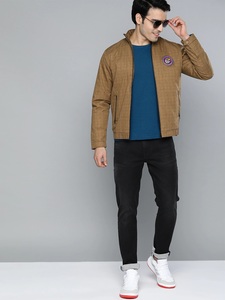 Men's Brown Corduroy Bomber <b>Jacket</b> Stand Collar Zipper Front Casual Solid Color Slim Fit Badge Decoration Autumn Wear - Product Image 1