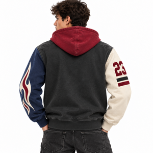 Custom Distressed Washed Color Block <b>Thick</b> Cotton Hoodies <b>Men</b> Screen Printed Oversized Zip up <b>Hoodie</b> - Product Image 2