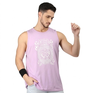 Men's Lavender Sleeveless Tank <b>Top</b> O-Neck <b>Skull</b> Print Casual Wear Knitted Fabric Breathable - Product Image 4
