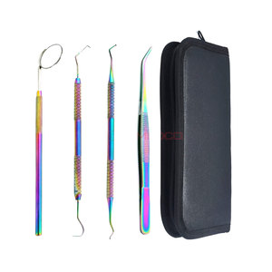 4 Pcs Multi Rainbow Dental Hygiene Plaque Remover Set Scaler Explorer Excavator Mouth Mirror Tweezer Plier Medic Instruments - Product Image 1