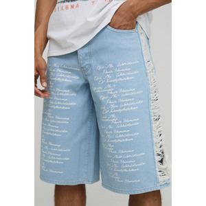 Pantalones cortos de mezclilla con texto bordado en azul claro para hombre, ropa informal estilo Hip Hop con panel lateral rasgado de gran tamaño, OEM - Product Image 3