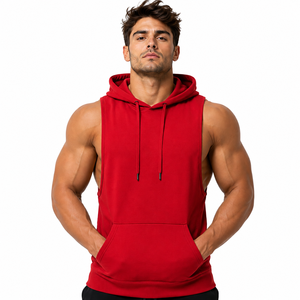 Red Muscle Fit Sleeveless Eco-Friendly Quick Dry Breathable Gym Hoodie for Men Hooded Workout <b>Vest</b> Bodybuilding Fitness Sports - Product Image 1