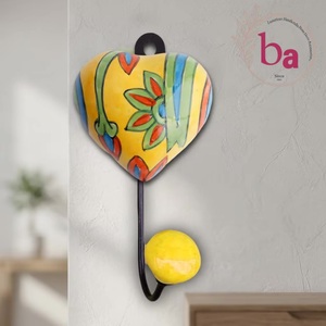 Ba Ceramic Heart Wall Hook Handmade Yellow Green Floral Design Novelty Decorative <b>Hanger</b> - Product Image 3