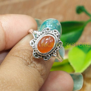 Anillo de Piedra Preciosa Cornalina Naranja Natural Hecho a Mano, Diseño Floral Vintage, Anillo Ajustable de Plata de Ley 925, Cabujón Ovalado - Product Image 2