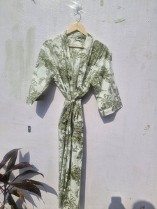 Robe Kimono Légère en Coton Imprimé Toile Vert pour Femme, Peignoir Bohème, Robe de Plage d'Été, Tenue d'Intérieur - Product Image 2