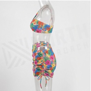 Women Floral Print 2 Piece Bikini Set Crossed Halter Top Tie Side Bottom Ruched Stretch Swimwear - Product Image 4