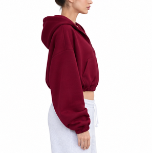 High Quality Embroidery Printed Full Zip up Women Jacket Drop Shoulder Cropped <b>Hoodie</b> 100 Cotton <b>Burgundy</b> Oversized Cropped Hood - Product Image 3