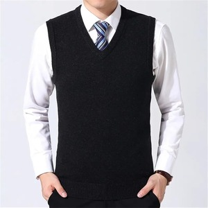 Gilet sans manches en tricot noir pour homme, col en V, couleur unie, vêtement d'automne - Product Image 4