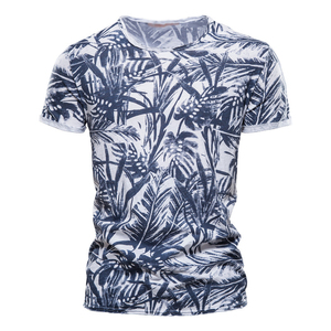 T-shirt décontracté pour homme, bleu marine, imprimé bambou, coupe ajustée, manches courtes, col rond, en polyester tricoté, respirant - Product Image 5