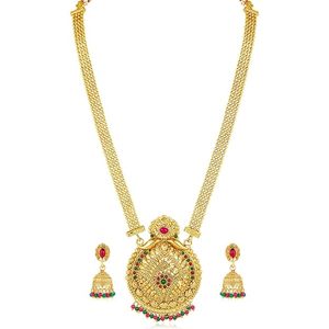 Conjunto de Collar y Pendientes de Aleación Chapada en Oro Indio, Joyería de Boda para Mujer, Diseño Rani Haar, Patrón Floral, Estilo Clásico - Product Image 1