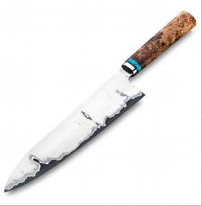 Couteau de chef artisanal en acier San Mai à haute teneur en carbone, manche en bois de burl avec accent turquoise, outil culinaire - Product Image 5
