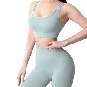 Legging dan bra wanita, set legging dan celana Yoga wanita olahraga Gym kebugaran kain katun kualitas tinggi grosir