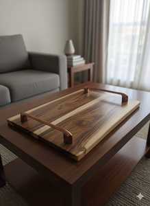 Bandeja de servir de madera hecha a mano con asas de metal, decoración rústica para el hogar - Product Image 5