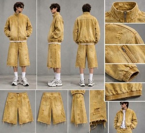 <b>Women</b> Acid Wash Stand <b>Collar</b> Zip up 100% Cotton Jacket and Knee Length Shorts Set Loose Streetwear Two Piece Outfit - Product Image 2
