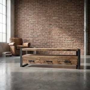 Meuble TV rustique en bois à 3 tiroirs avec cadre en fer noir, console multimédia industrielle pour salon - Product Image 4