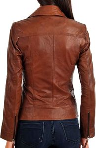 Women's Genuine Leather Motorcycle Jacket Brown Stand Collar <b>Zipper</b> Closure Full Sleeve Biker Style Autumn Wear - Product Image 4