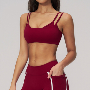 Women's Red Yoga Set Crisscross Strap <b>Crop</b> <b>Top</b> High Waist <b>Shorts</b> Solid Color Seamless Breathable Activewear - Product Image 1