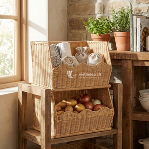 Modern Rectangle Stackable Rattan Woven <b>Storage</b> Baskets Luxury Wicker Modular Organizer <b>Bin</b> Scalloped Front Open Rim <b>Storage</b> - Product Image 3