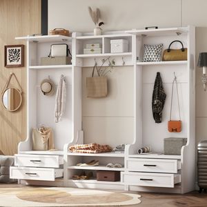 Perchero de recibidor 4 en 1 desmontable con 7 ganchos y cajones de almacenamiento, perchero de pared multifuncional para pasillo - Product Image 1