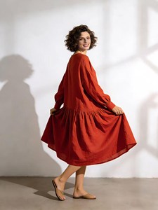 Women Elegant <b>Boho</b> Cotton Linen Maxi <b>Dress</b> <b>Long</b> Sleeve Loose Fit Round Neck Flowy Casual Midi <b>Dress</b> - Product Image 3
