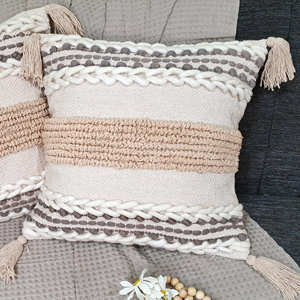 20 x 20 Inches Beige Cotton & Wool Tassel Cushion <b>Cover</b> Boho Decorative Square <b>Throw</b> Pillow for Sofa & <b>Bed</b> - Product Image 2